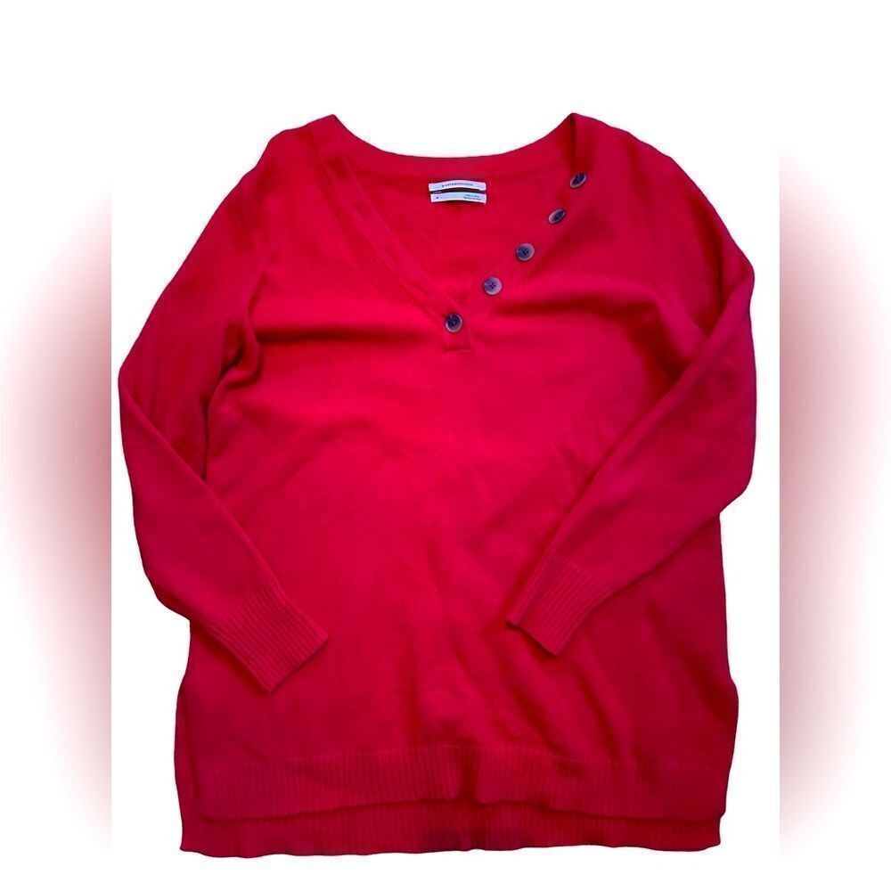 Anthropologie Red V-neck Sweater Button Detail Medium Tunic Length - Picture 5 of 16